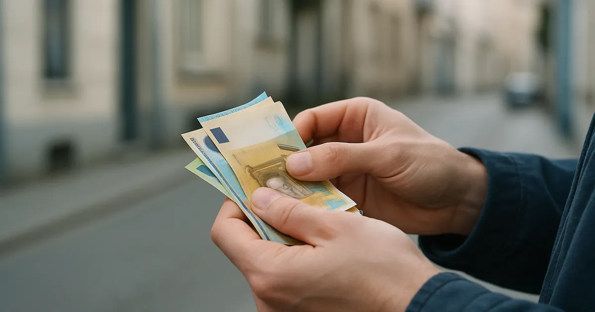 Latvijas pilsētas skats ar cilvēku rokām, kas tur nelielu naudas summu — simbolizē mazus ātros kredītus 100, 200 un 500 eiro apmērā