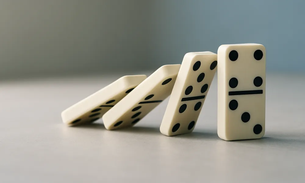 Domino kauliņi, kas krīt viens pēc otra, simbolizējot parādu spirāli